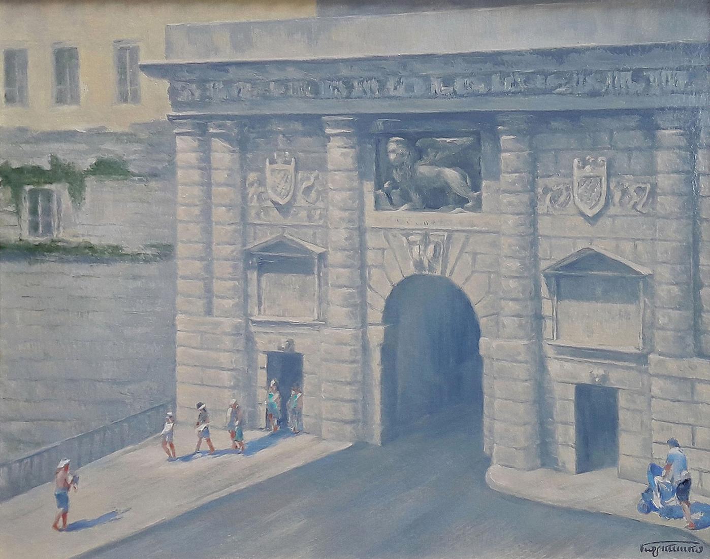 Oil painting Entering the city Vasily Korkishko: stone archway with carved lion and shields in muted grays and blues