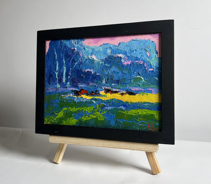 Oil painting Spring Meadows by Oksana Ivanyuk in black frame