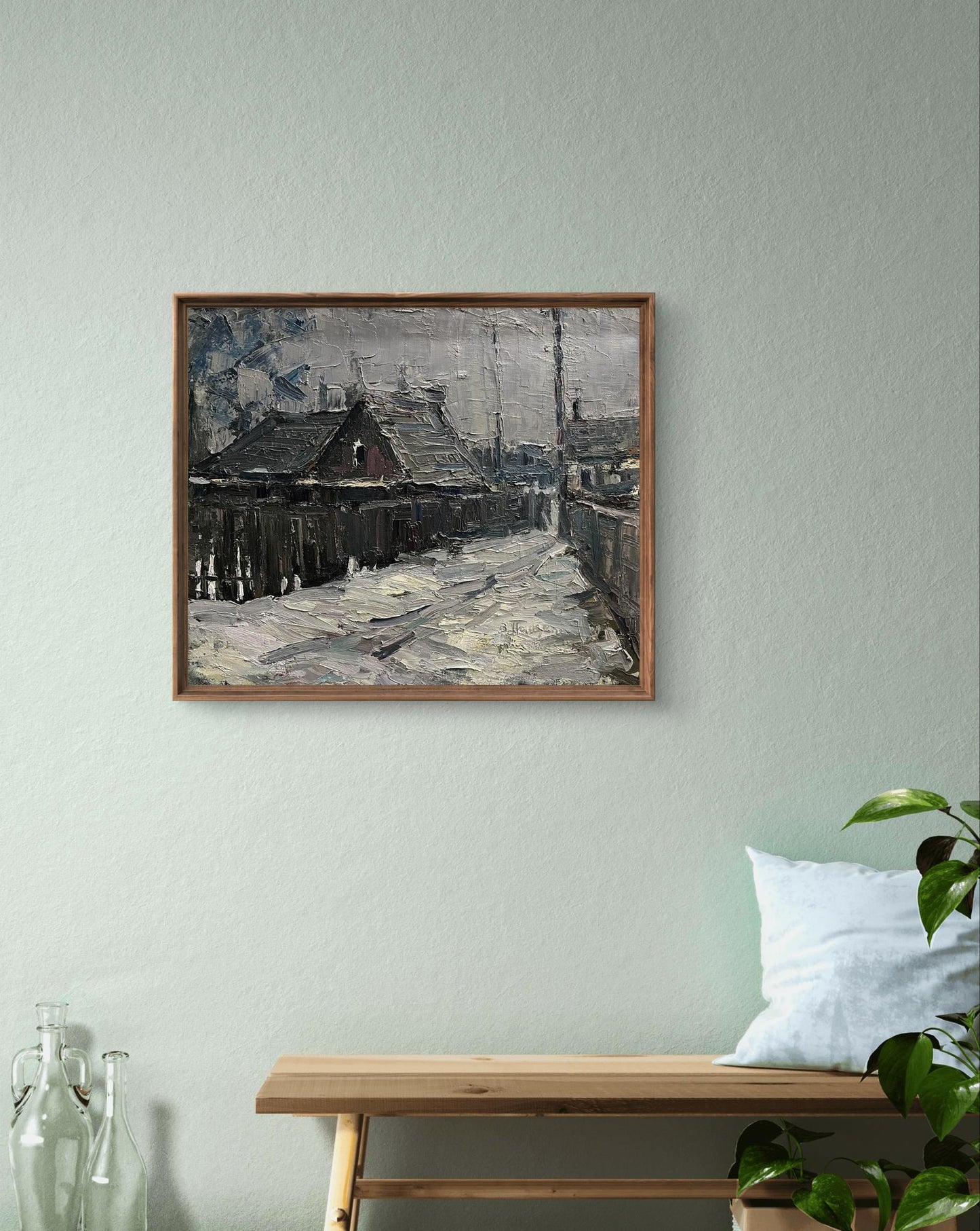 Framed Oil Painting Village Lane by Volodymyr Pashchenko snowy street scene