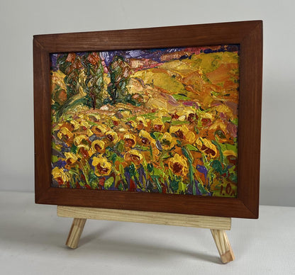 Oil painting Field of sunflowers by Oleksiy Ivanyuk in wooden frame