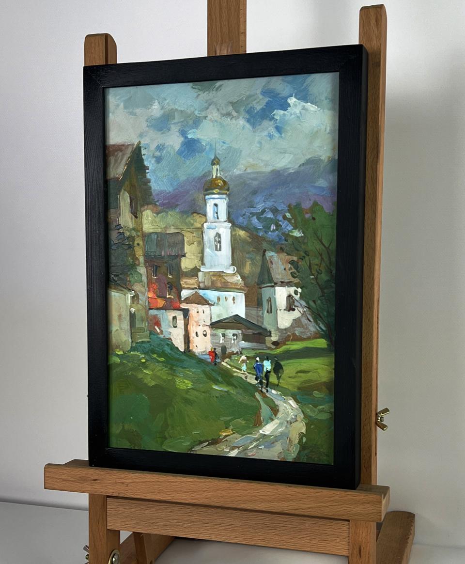 Oil painting A Visit to a Village Church by Yuriy Suprunchuk in black frame