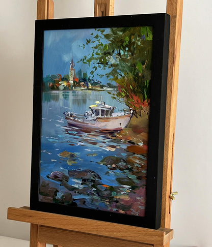 Framed oil painting by Yuriy Suprunchuk: white boat in blue water near shore