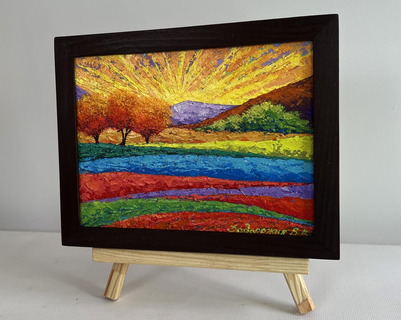 Oil painting Yellow rays of the sun by V. Zadorozhnya in wooden frame