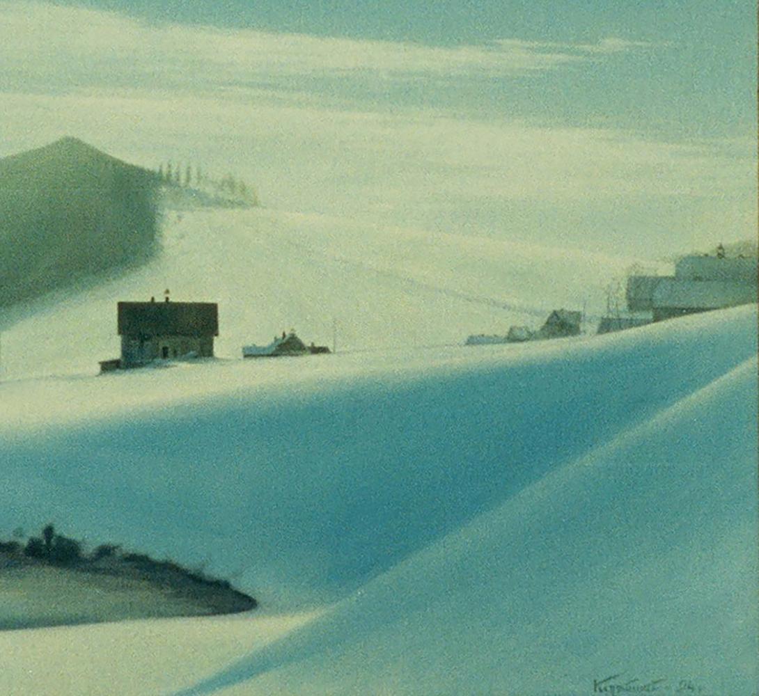 Vasily Korkishko oil painting of serene winter snowstorm night landscape