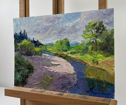 Vibrant impressionist oil painting Sand underfoot by Boris Serdyuk with river and trees