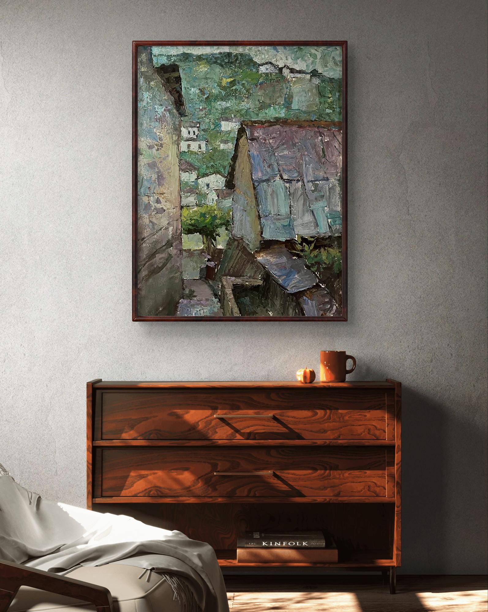Framed oil painting Roofs of houses by Oleksandr Andreev village scene