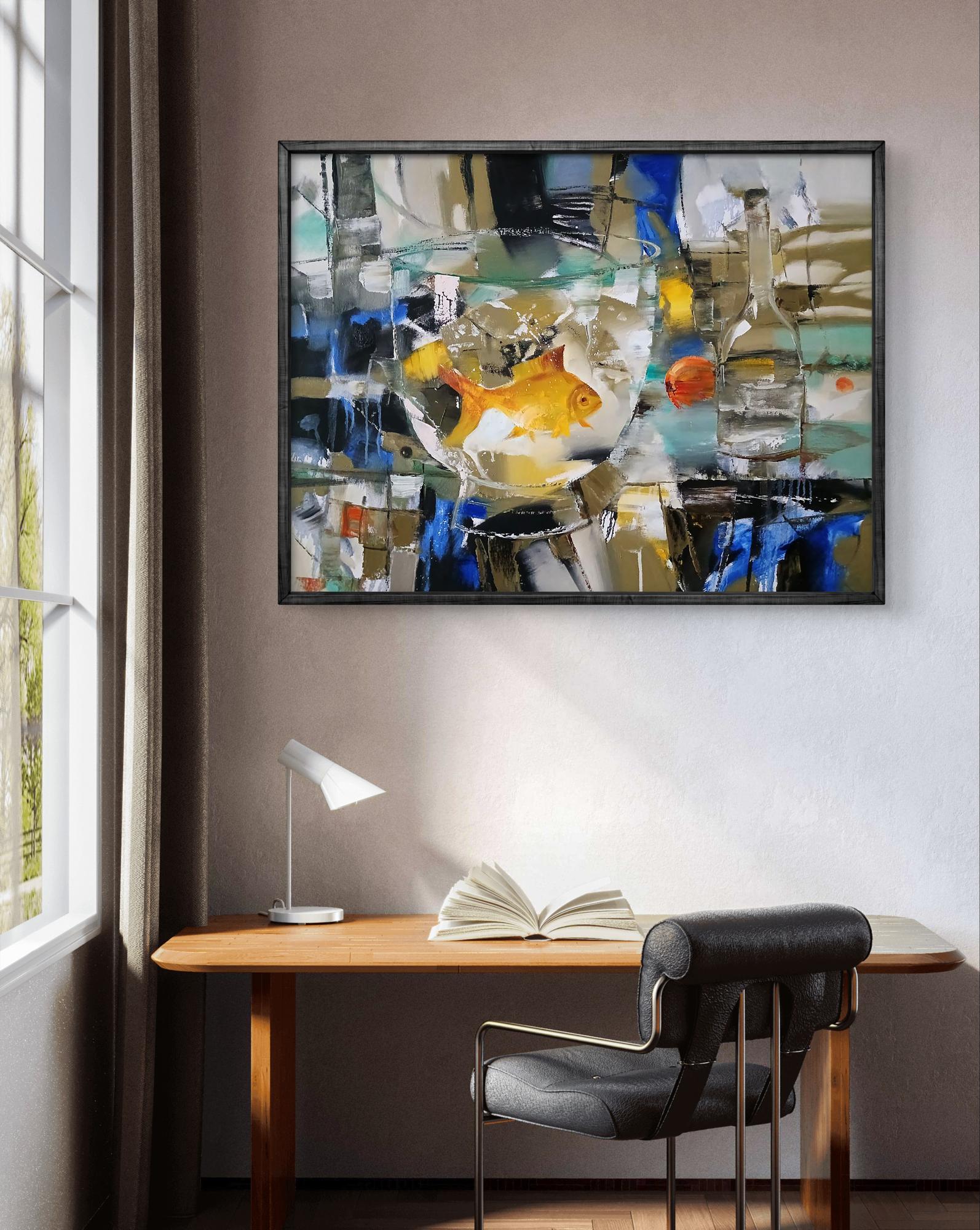 Abstract Goldfish oil painting by Anatoly Tarabanov in black frame