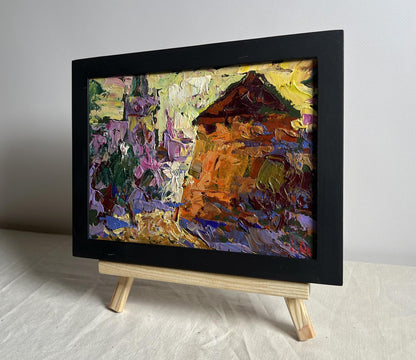 Oil painting of Round Tower of old fortress by Oleksiy Ivanyuk in black frame