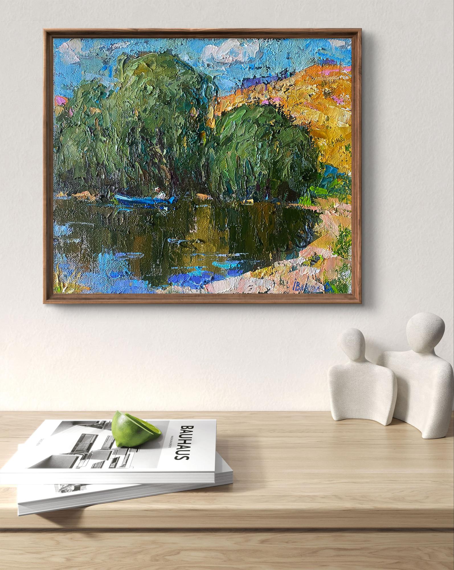 Impressionist oil painting by Oleksiy Ivanyuk: boat on lake with green trees, golden hills, blue sky reflection