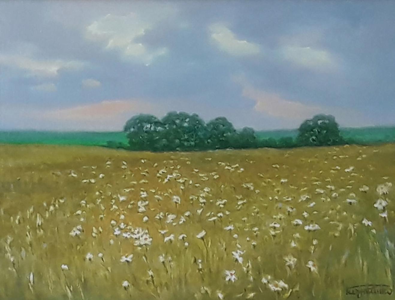Oil painting The last warm days of summer by Vasily Korkishko, golden field