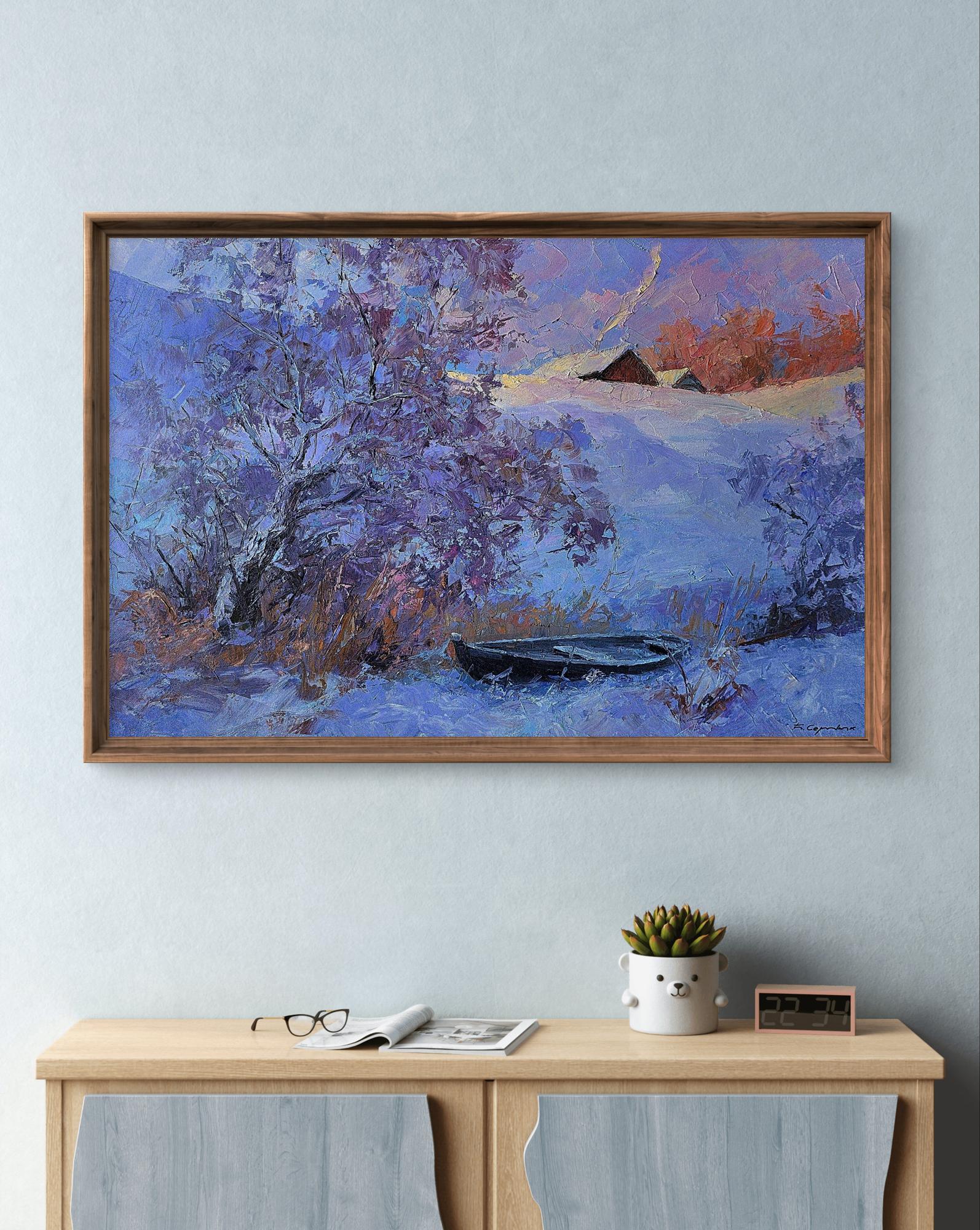 Framed Frosty Morning oil painting by Boris Serdyuk, snowy blue landscape