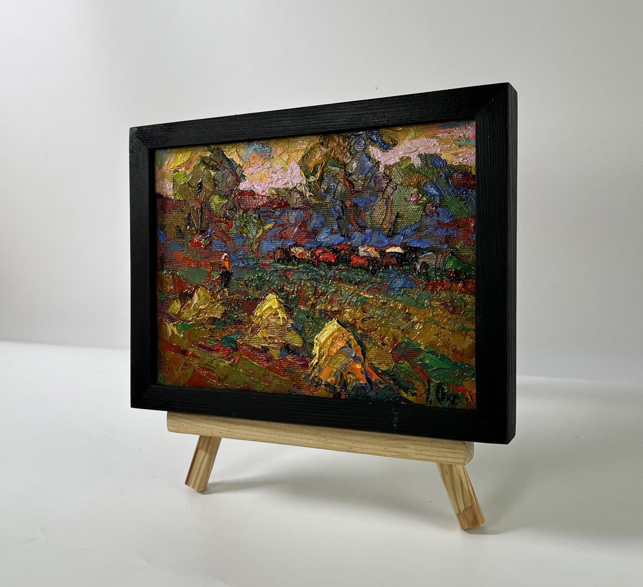 Oil painting In the morning in the field by Oksana Ivanyuk in black frame