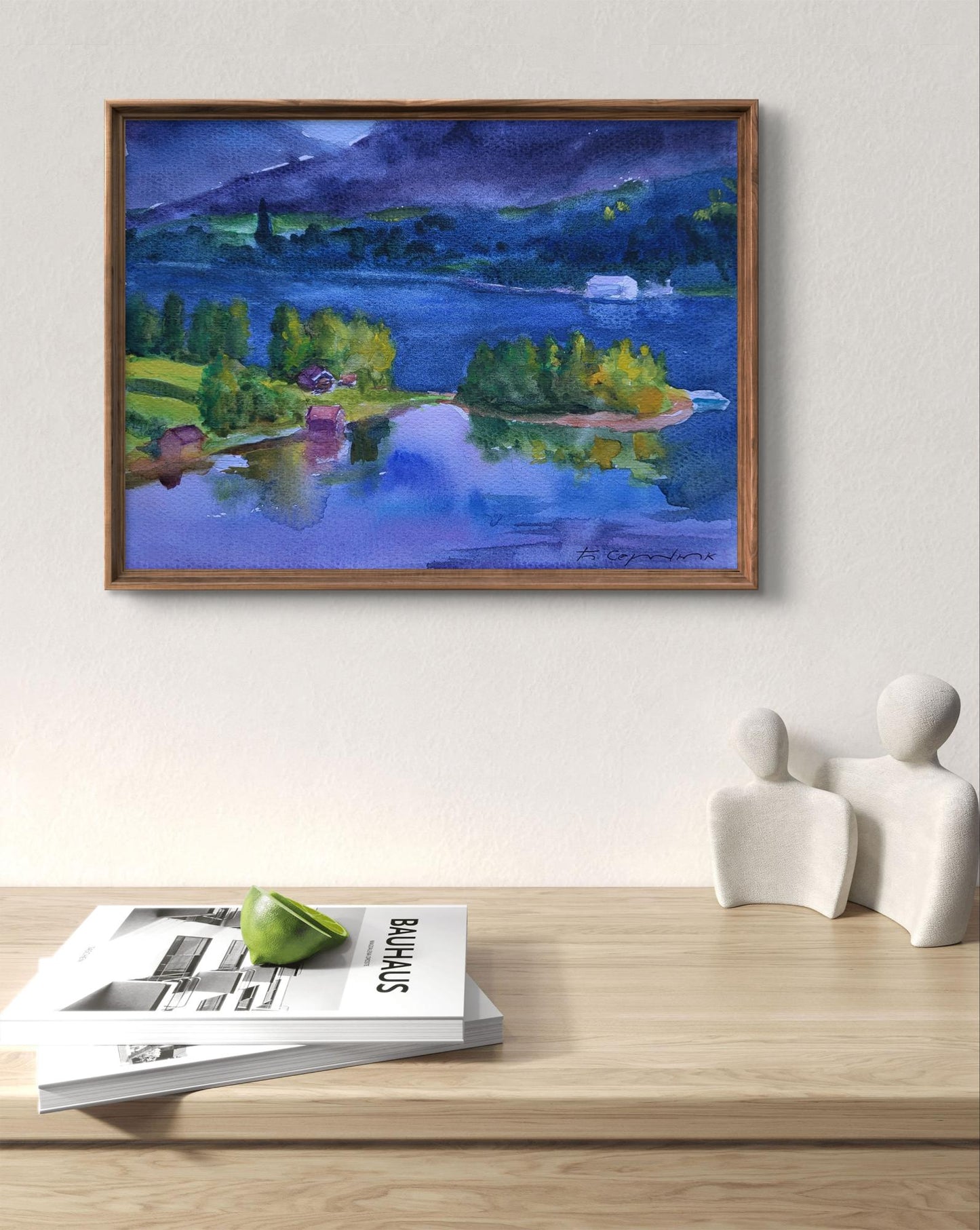 Framed Boris Serdyuk watercolor of serene lakeside with clouds