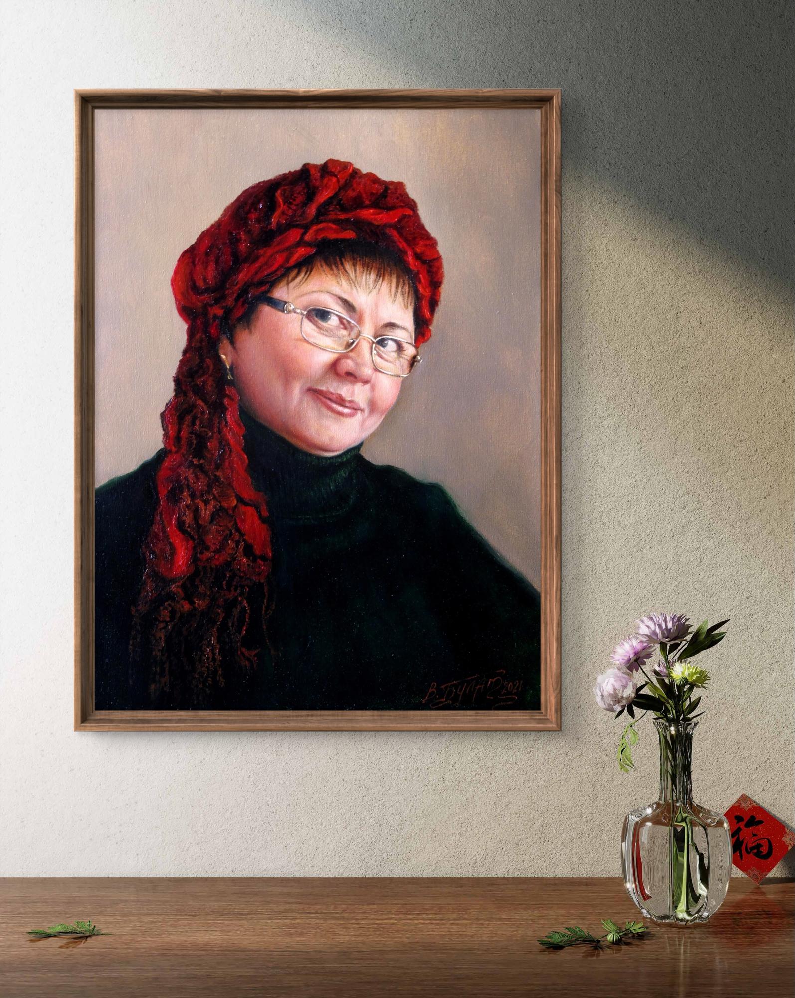 Oil painting Modest Valeriy Bulat: framed portrait of woman in glasses, red knitted headscarf