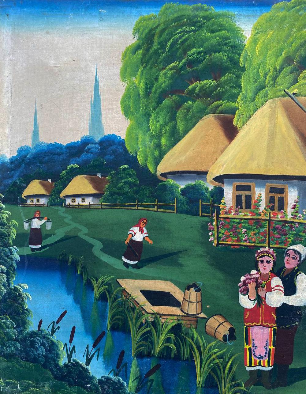 Vibrant folk-art oil painting of pastoral village holiday party scene