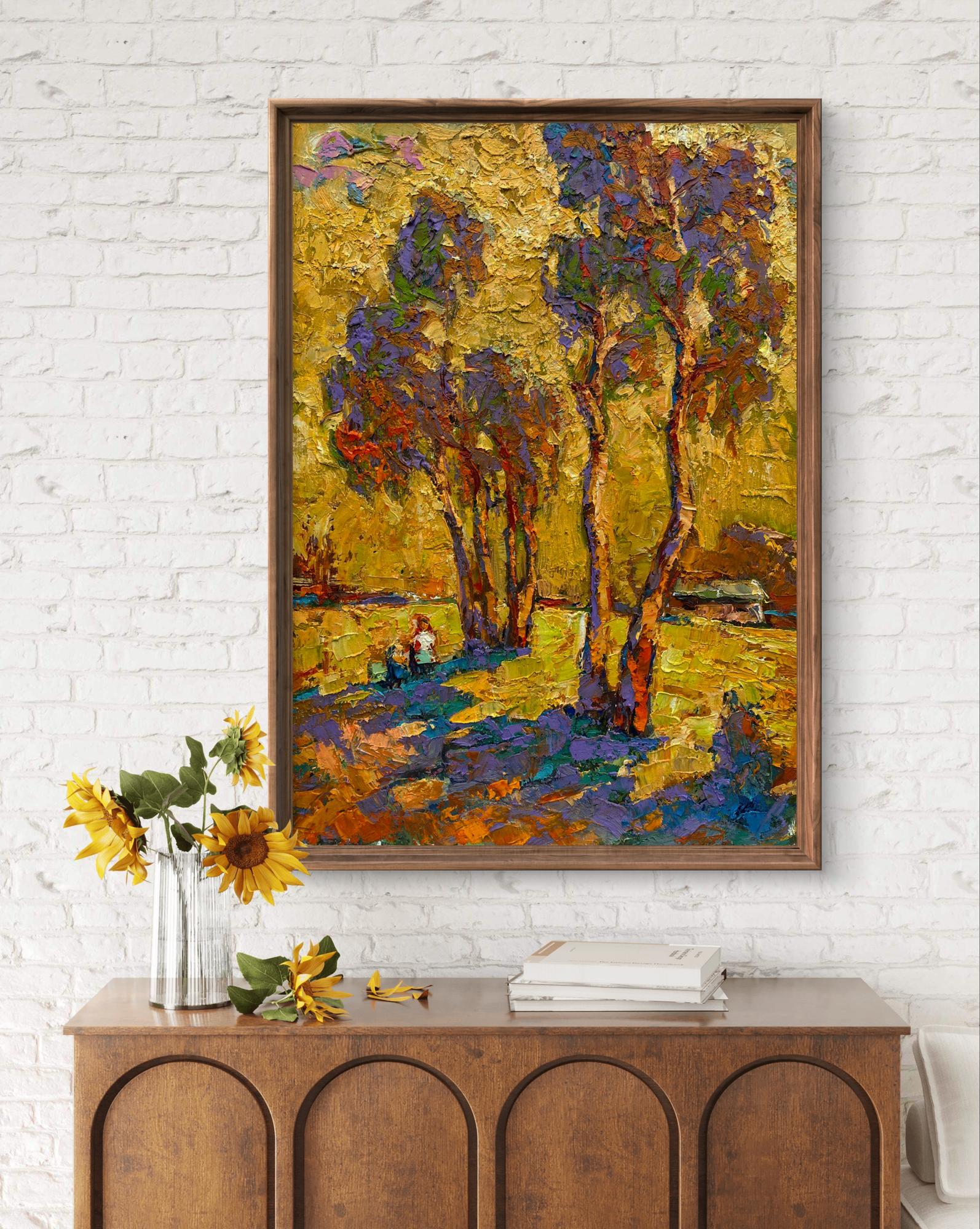 Oil painting of pine trees to the sky by Oleksiy Ivanyuk in wooden frame