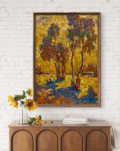 Oil painting of pine trees to the sky by Oleksiy Ivanyuk in wooden frame