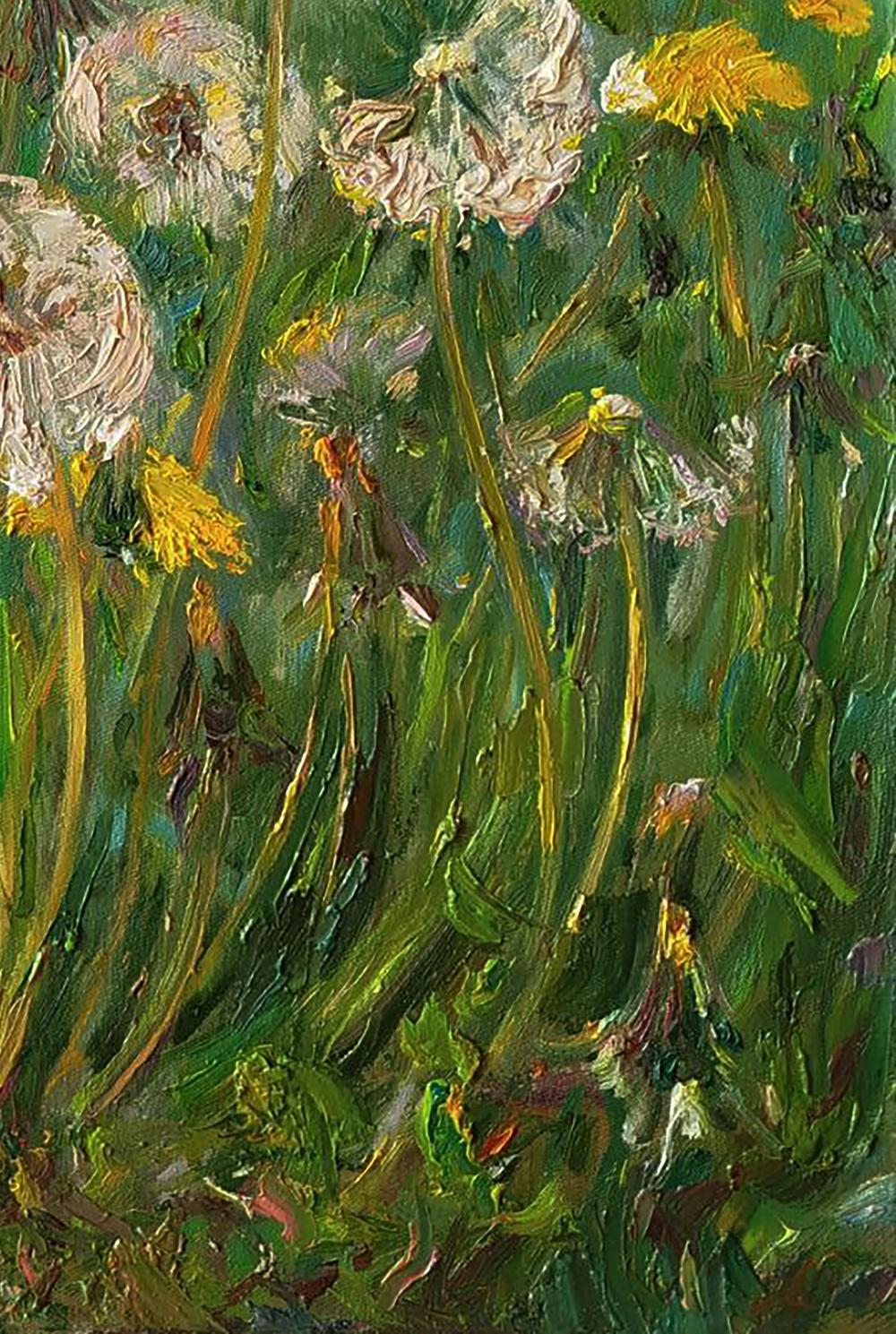 Vibrant oil painting of green dandelions by Leonid Pavlenko