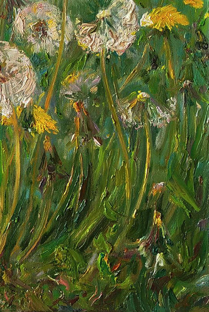 Vibrant oil painting of green dandelions by Leonid Pavlenko