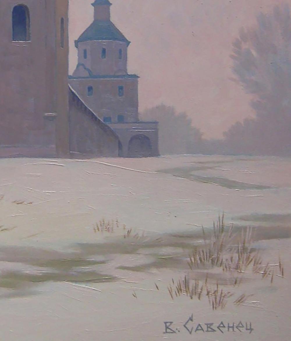 Oil painting Winter Church by Valery Savenets, stone tower in hazy winter landscape