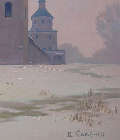 Oil painting Winter Church by Valery Savenets, stone tower in hazy winter landscape