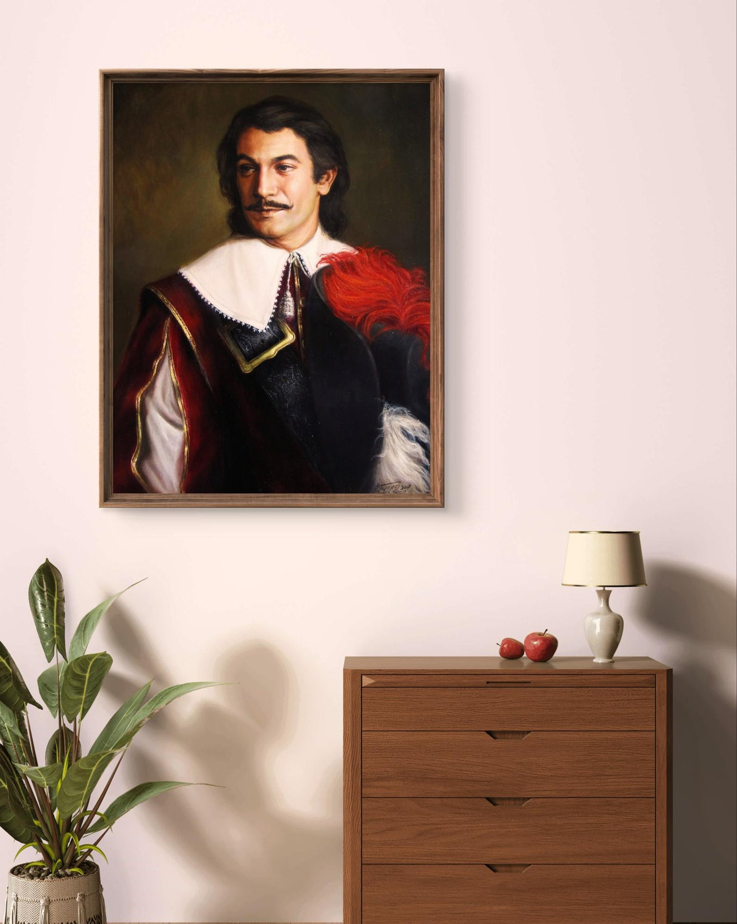 Framed oil painting The Brave Gascon Valeriy Bulat in red black attire