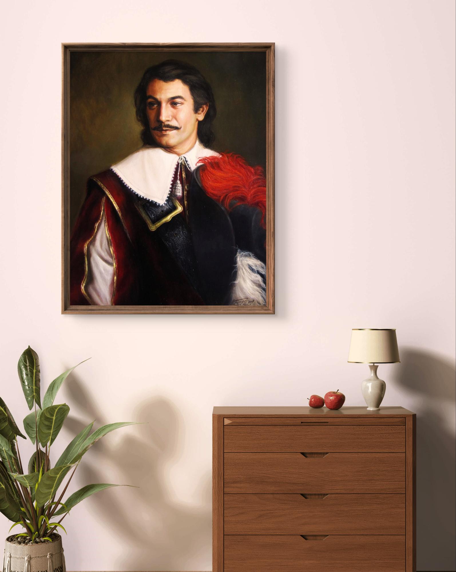 Framed oil painting The Brave Gascon Valeriy Bulat in red black attire