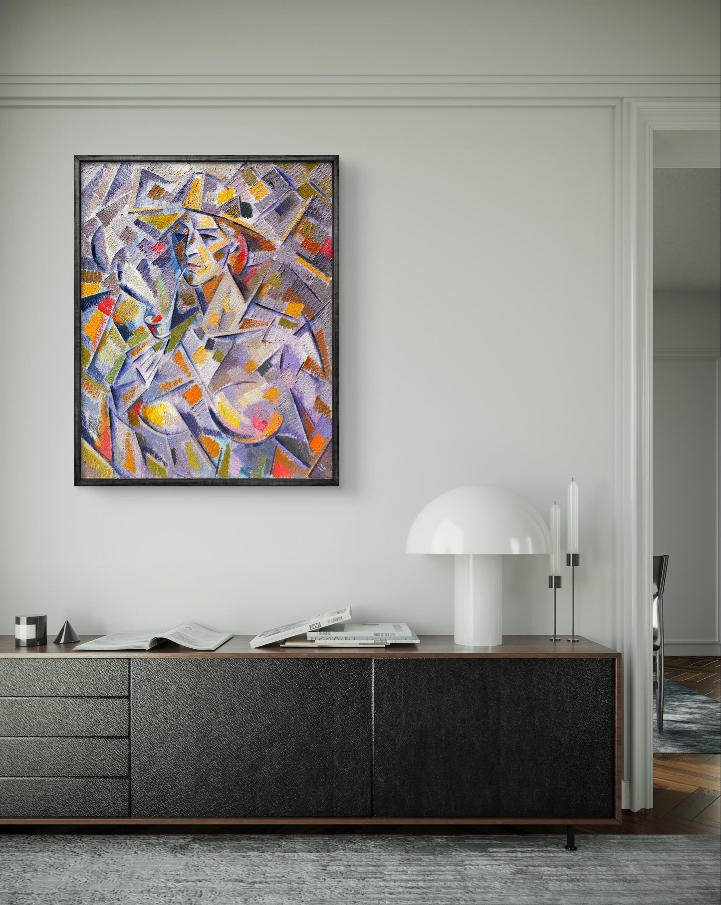 Framed abstract oil portrait of Henriette by Peter Dobrev, vibrant geometric colors