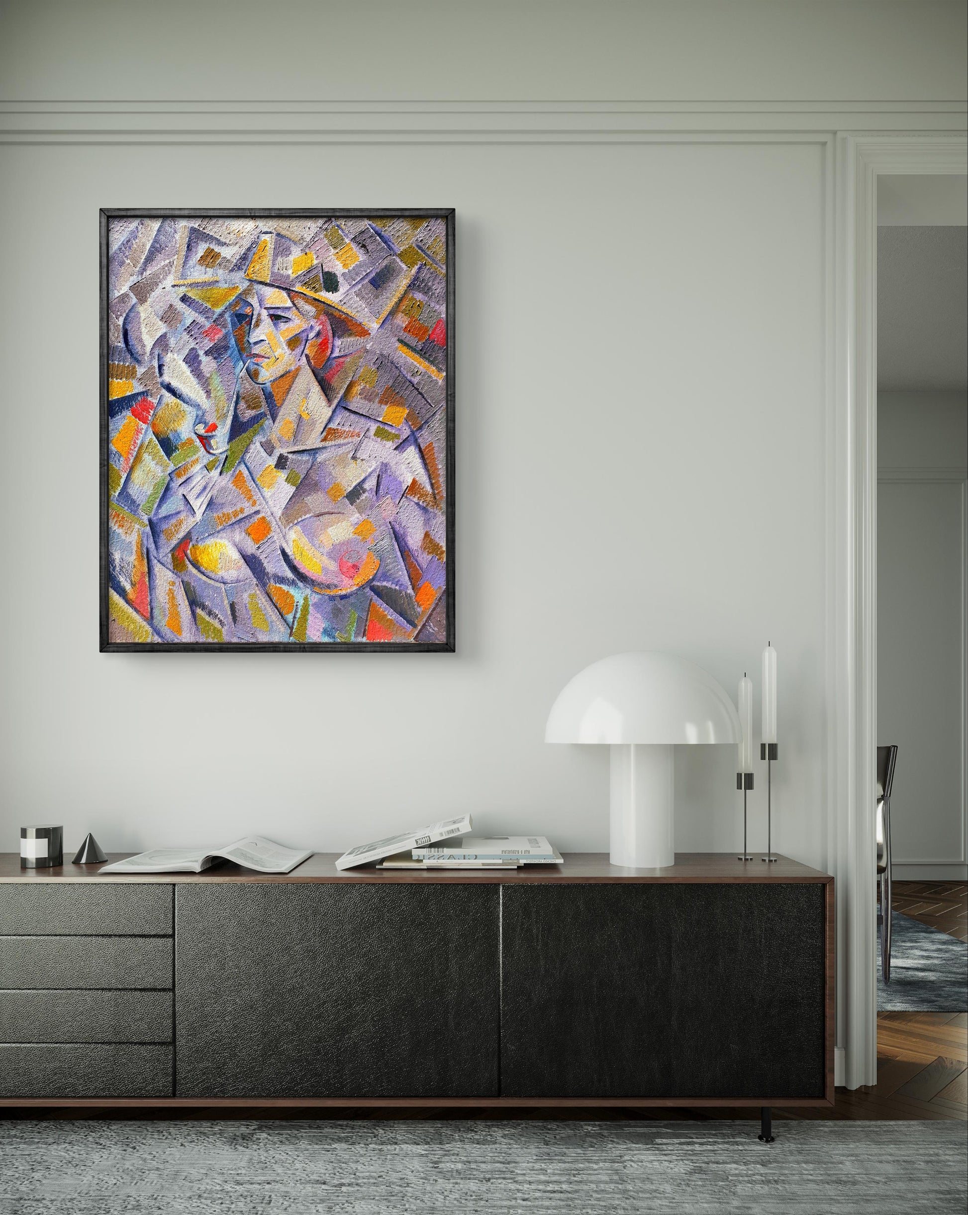 Framed abstract oil portrait of Henriette by Peter Dobrev, vibrant geometric colors