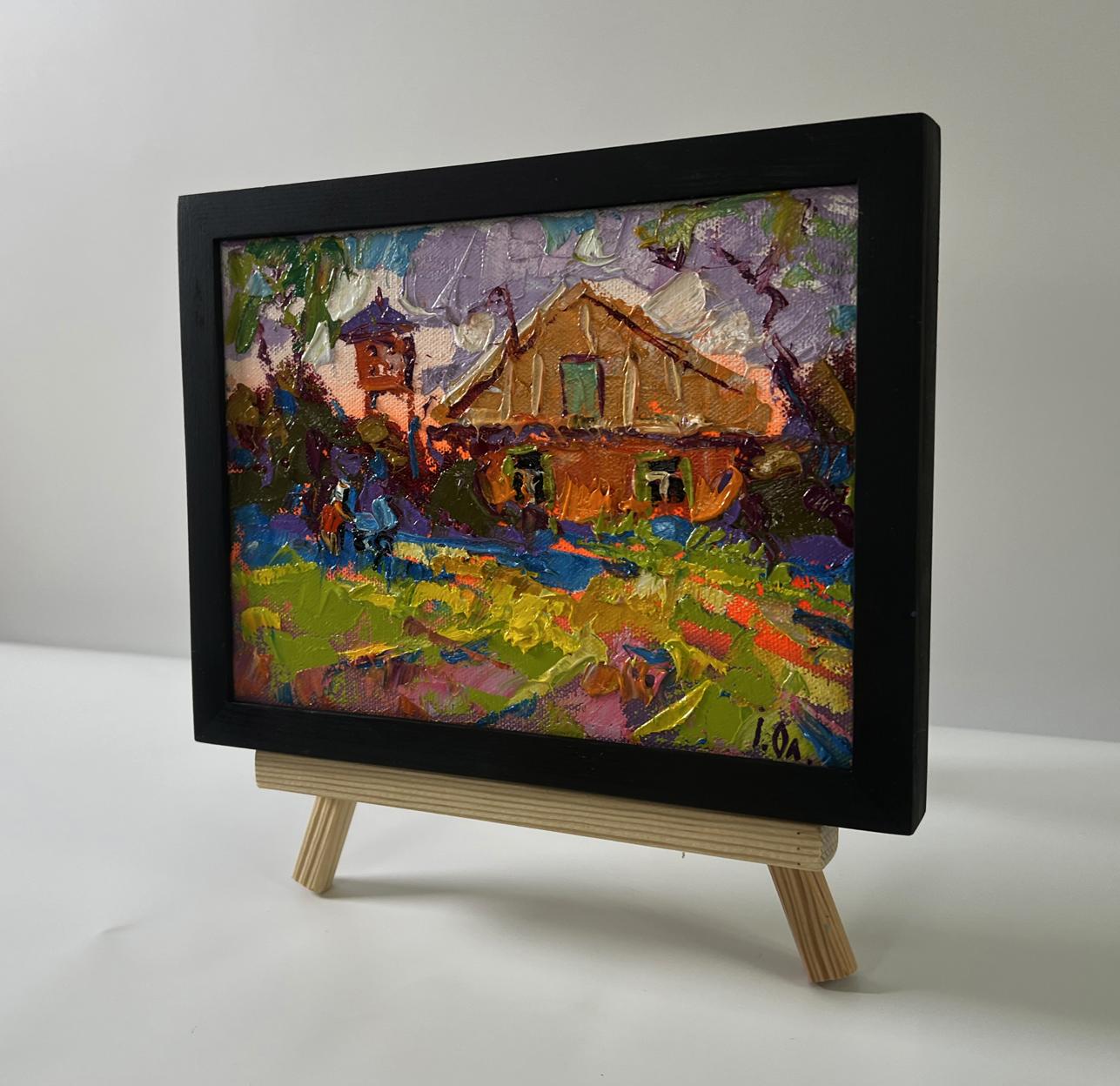 Vibrant impressionist oil painting of rustic house in sunset garden by Oleksiy Ivanyuk on easel