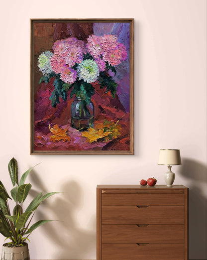 Oil painting of chrysanthemum bouquet by Boris Serdyuk in wooden frame