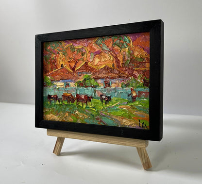 Oil painting Evening of the village by Oleksiy Ivanyuk in black frame