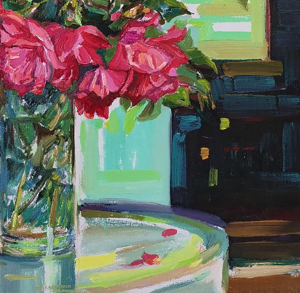 Oil painting of vibrant deep pink roses by Leonid Pavlenko