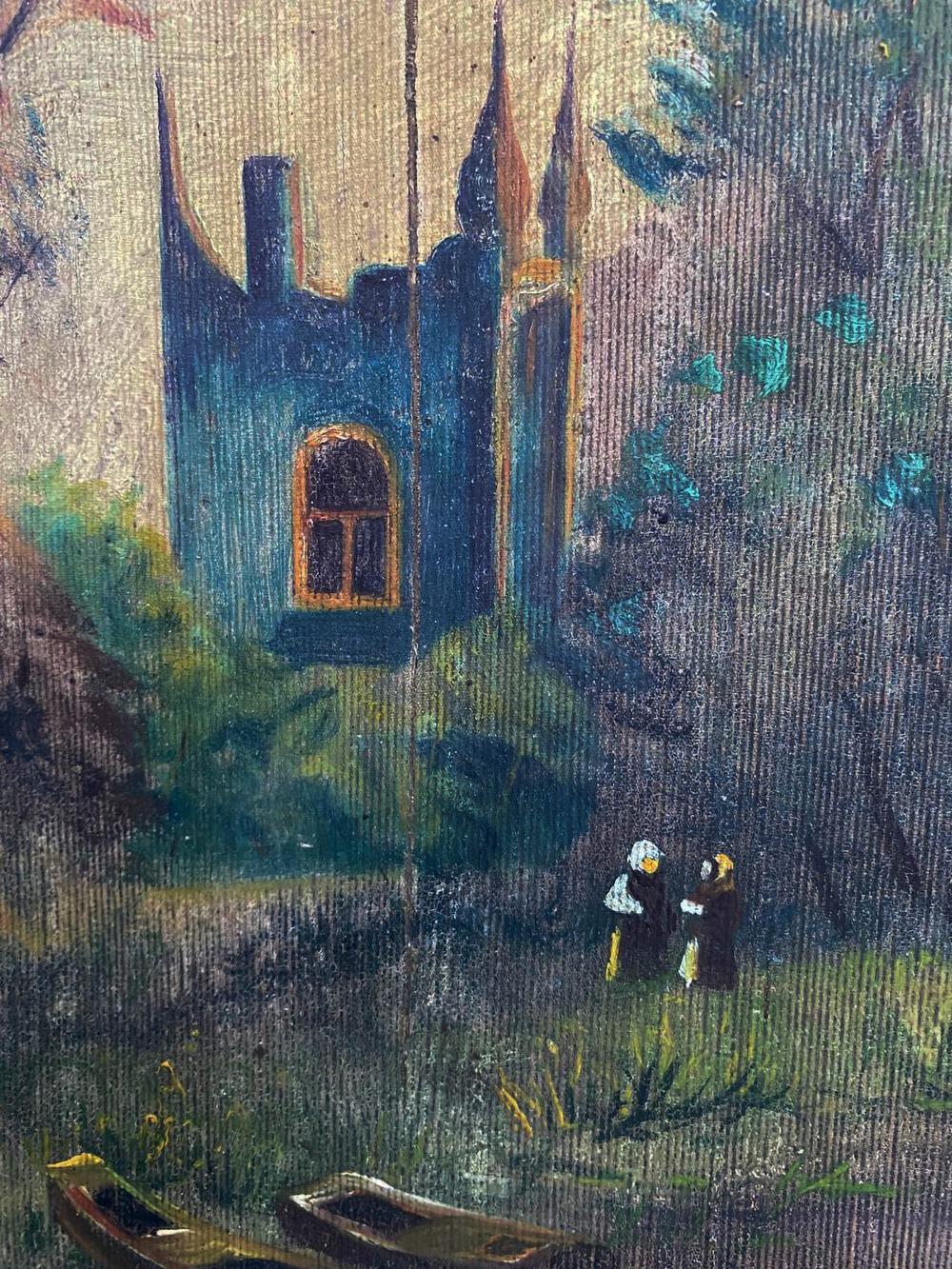 Oil painting Near the Monastery: blue castle with spires and arched window