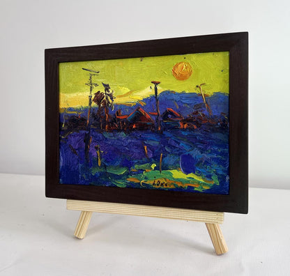 Oil painting Yellow sunset over the village by Oksana Ivanyuk