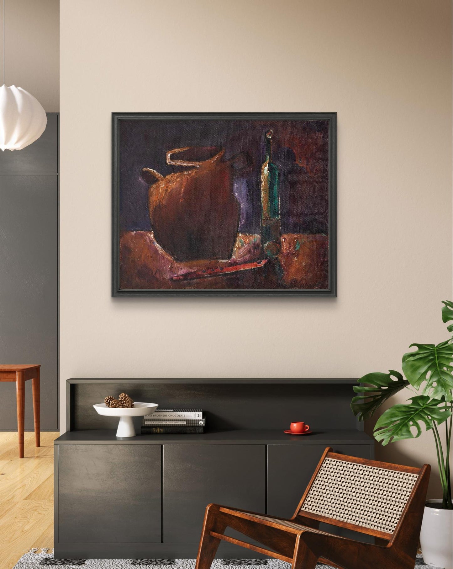 Oil painting Still life with pipe by Oleksandr Andreev, rustic jug and bottle