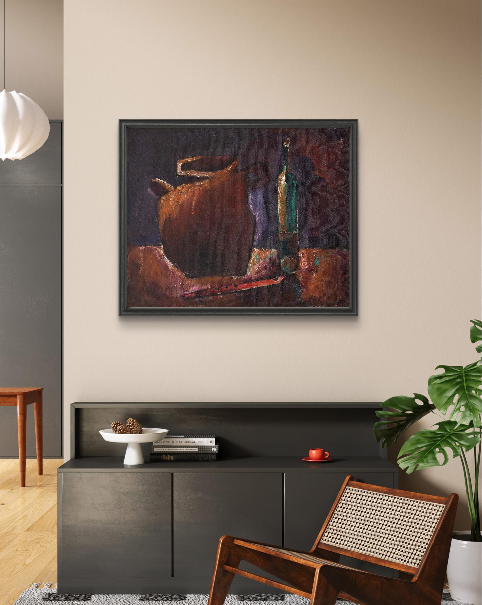 Oil painting Still life with pipe by Oleksandr Andreev, rustic jug and bottle