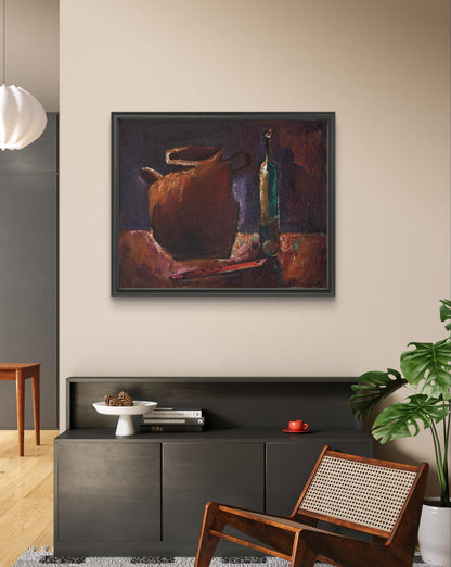 Oil painting Still life with pipe by Oleksandr Andreev, rustic jug and bottle