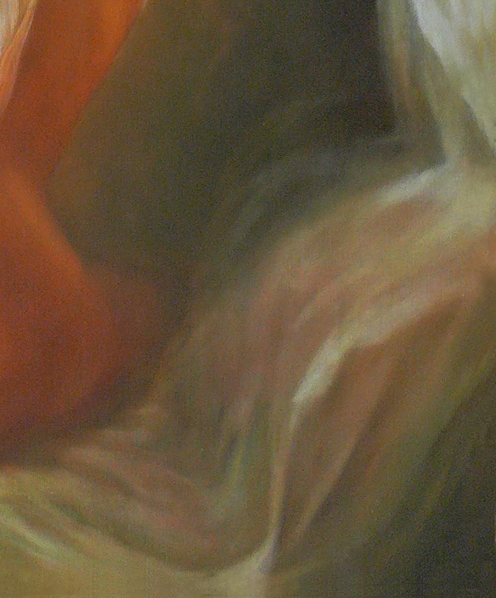 Oil painting portrait of female figure by Vasily Korkishko in translucent orange beige fabric