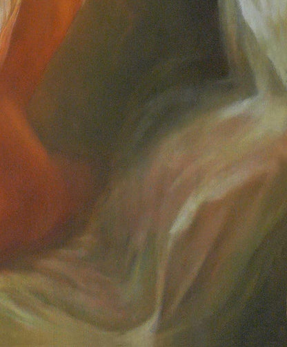 Oil painting portrait of female figure by Vasily Korkishko in translucent orange beige fabric