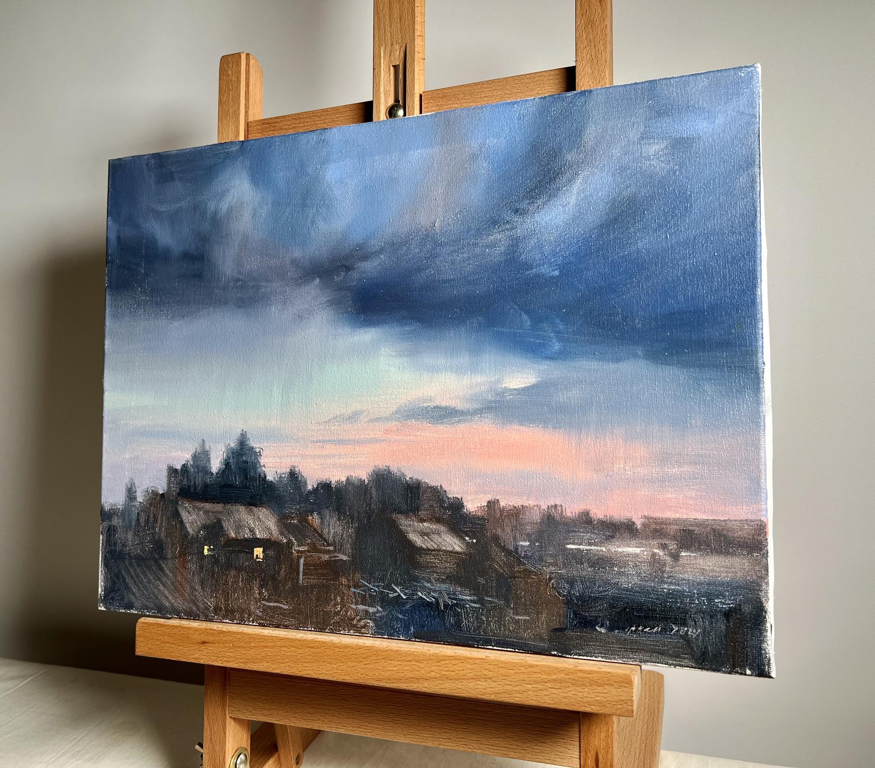 Oil painting Northern Lights over village by Tatyana Derdey