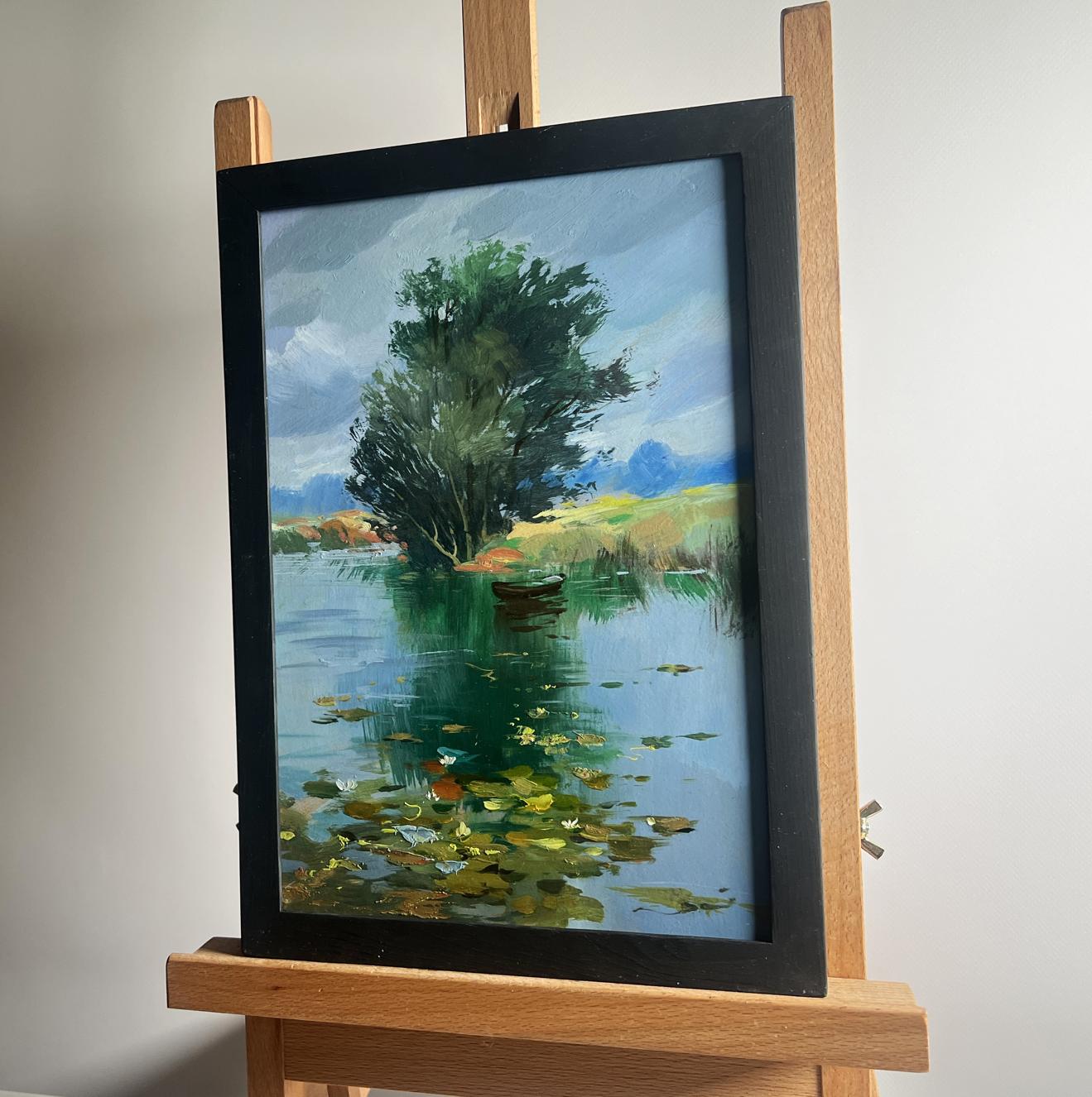 Oil painting Fishing by a lonely tree by Yuriy Suprunchuk lakeside scene