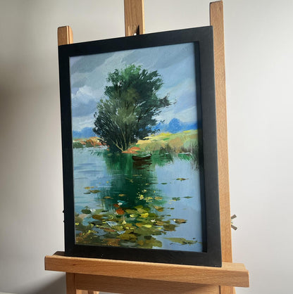 Oil painting Fishing by a lonely tree by Yuriy Suprunchuk lakeside scene
