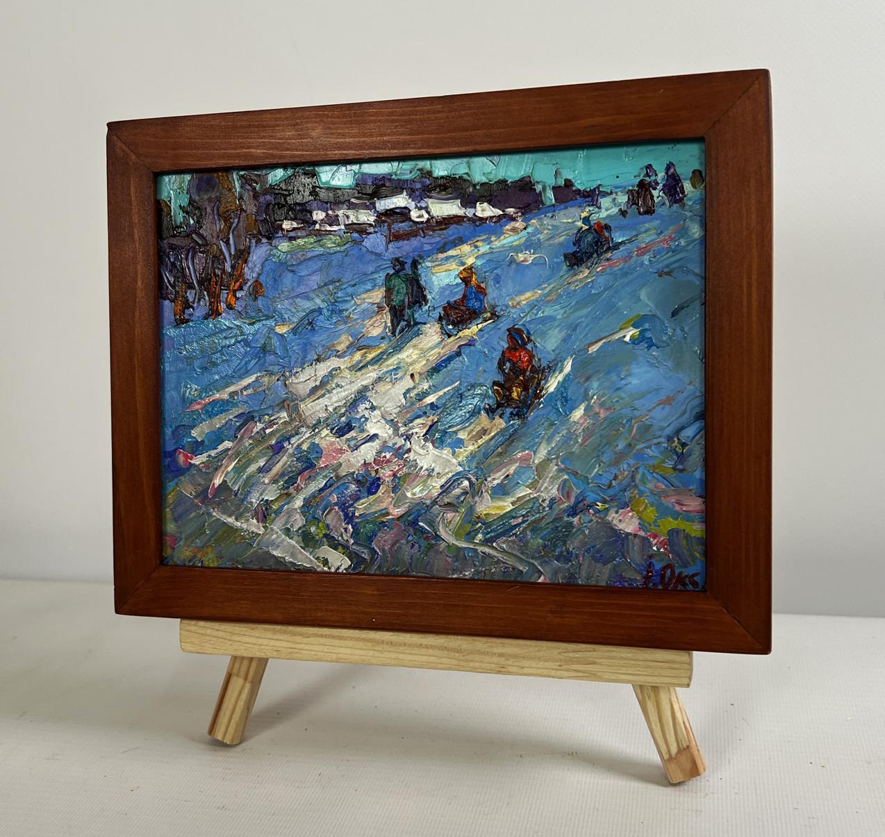 Vibrant impressionistic winter twilight oil painting by Oksana Ivanyuk in brown frame