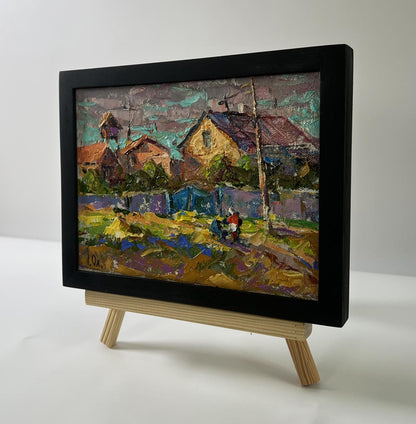 Oil painting of village street by Oleksiy Ivanyuk, black frame