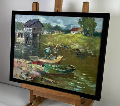 Oil painting of fishermen on green and red boats by Yuriy Suprunchuk