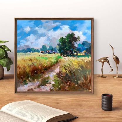 Oil painting Wheat Field by Yuriy Suprunchuk in square rustic wooden frame