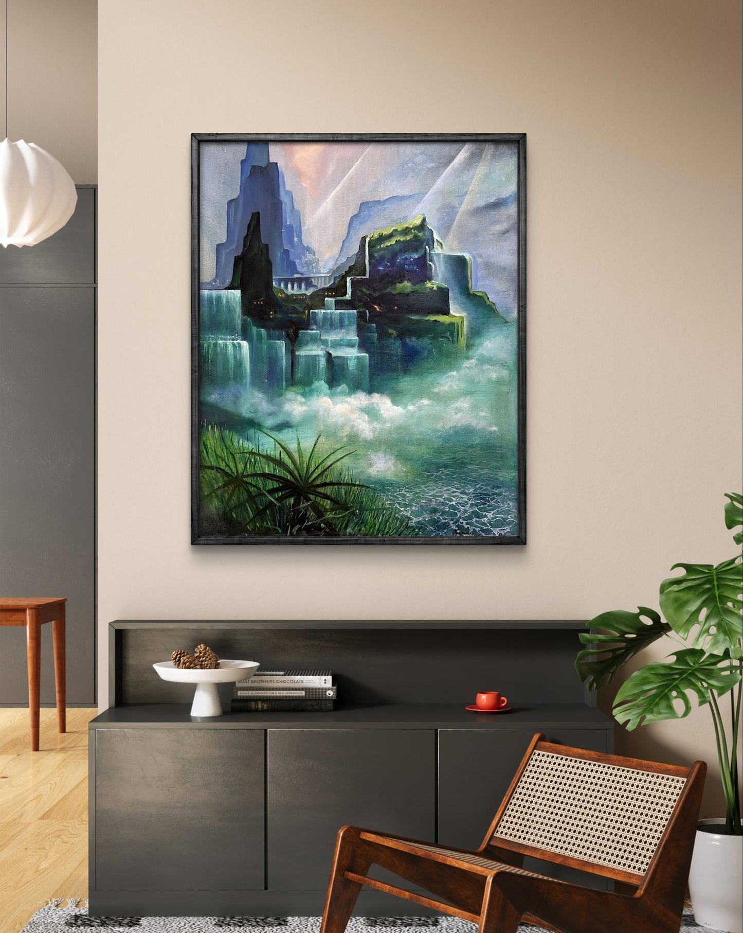 Framed oil painting Valley of waterfalls by Serhii Prybyshenya