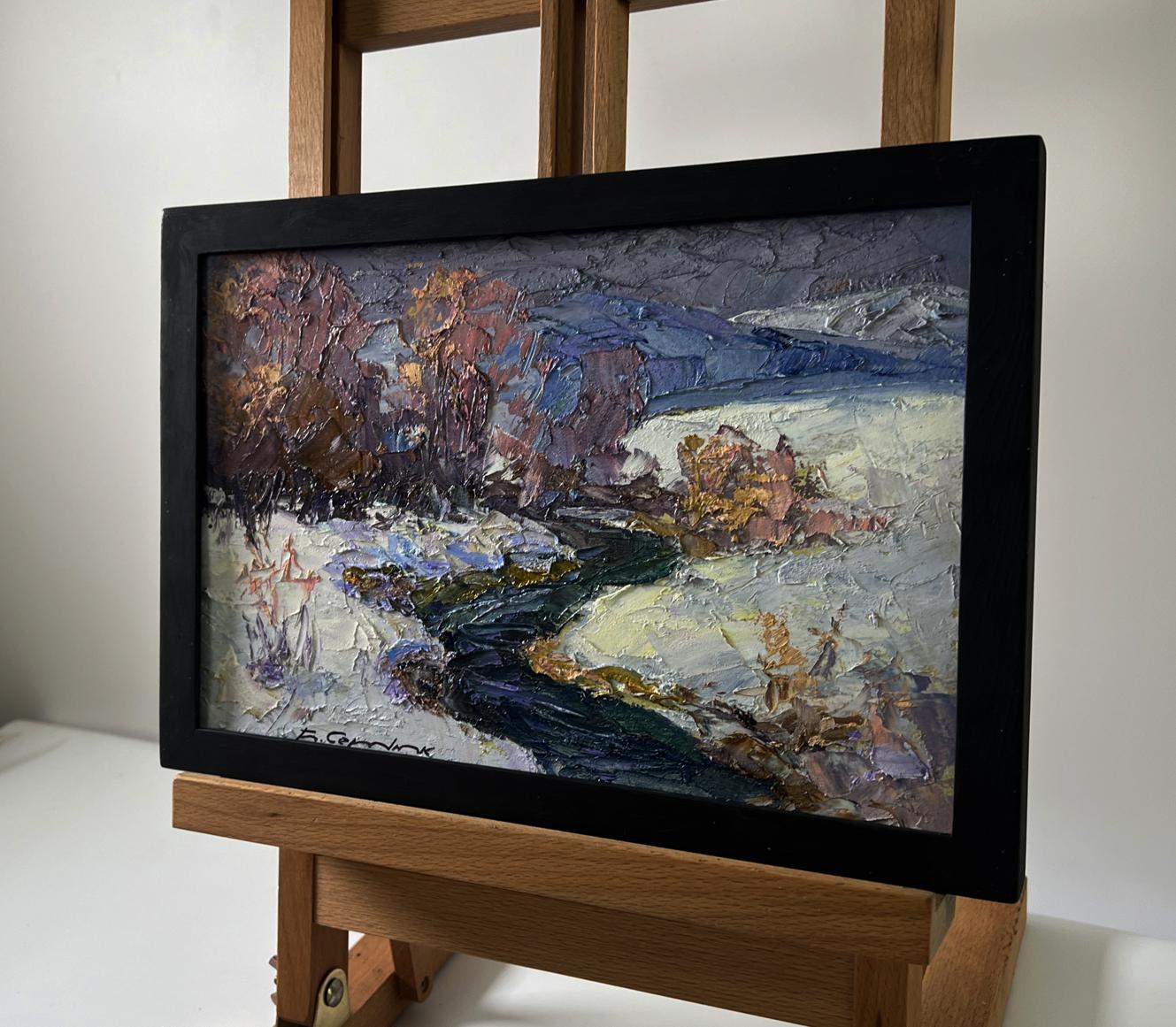 Oil painting Winter stream by Boris Serdyuk snowy river scene