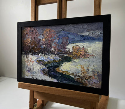 Oil painting Winter stream by Boris Serdyuk snowy river scene